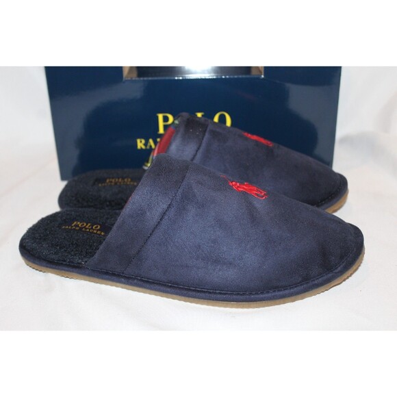 NIB POLO RALPH LAUREN MEN'S SLIP ON LOGO SCUFF HORSE SLIPPERS NAVY BLUE SZ 9 - Picture 2 of 5
